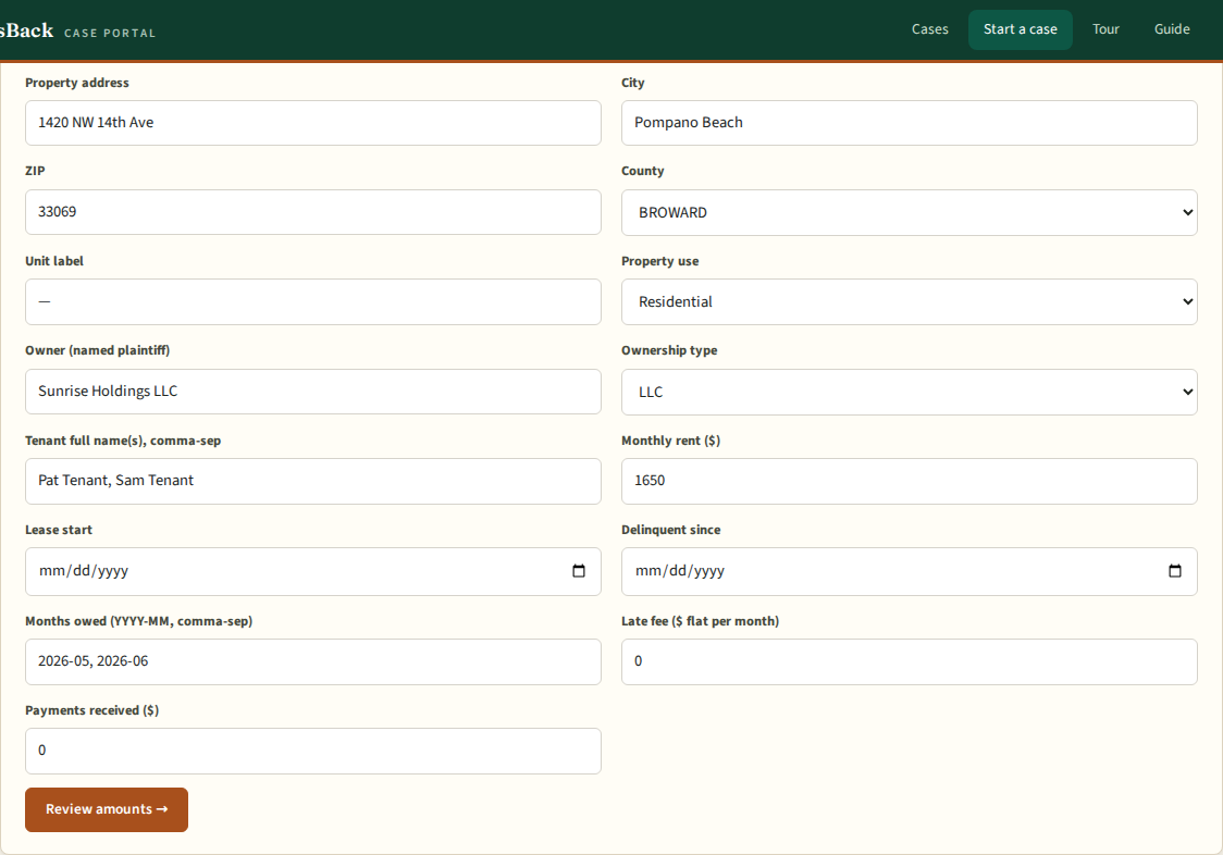 DoorsBack intake form with property, owner, tenant, lease, and delinquency fields
