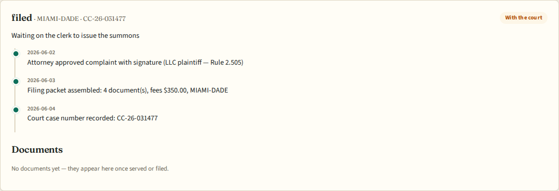 DoorsBack case timeline showing status, who-has-the-ball chip, next step, and dated events